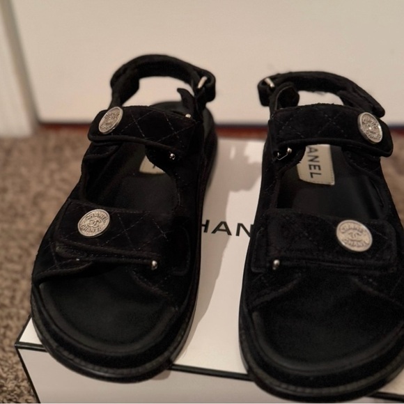 CHANEL Black Velvet Dad Sandal with Silver Accents - Picture 5 of 6
